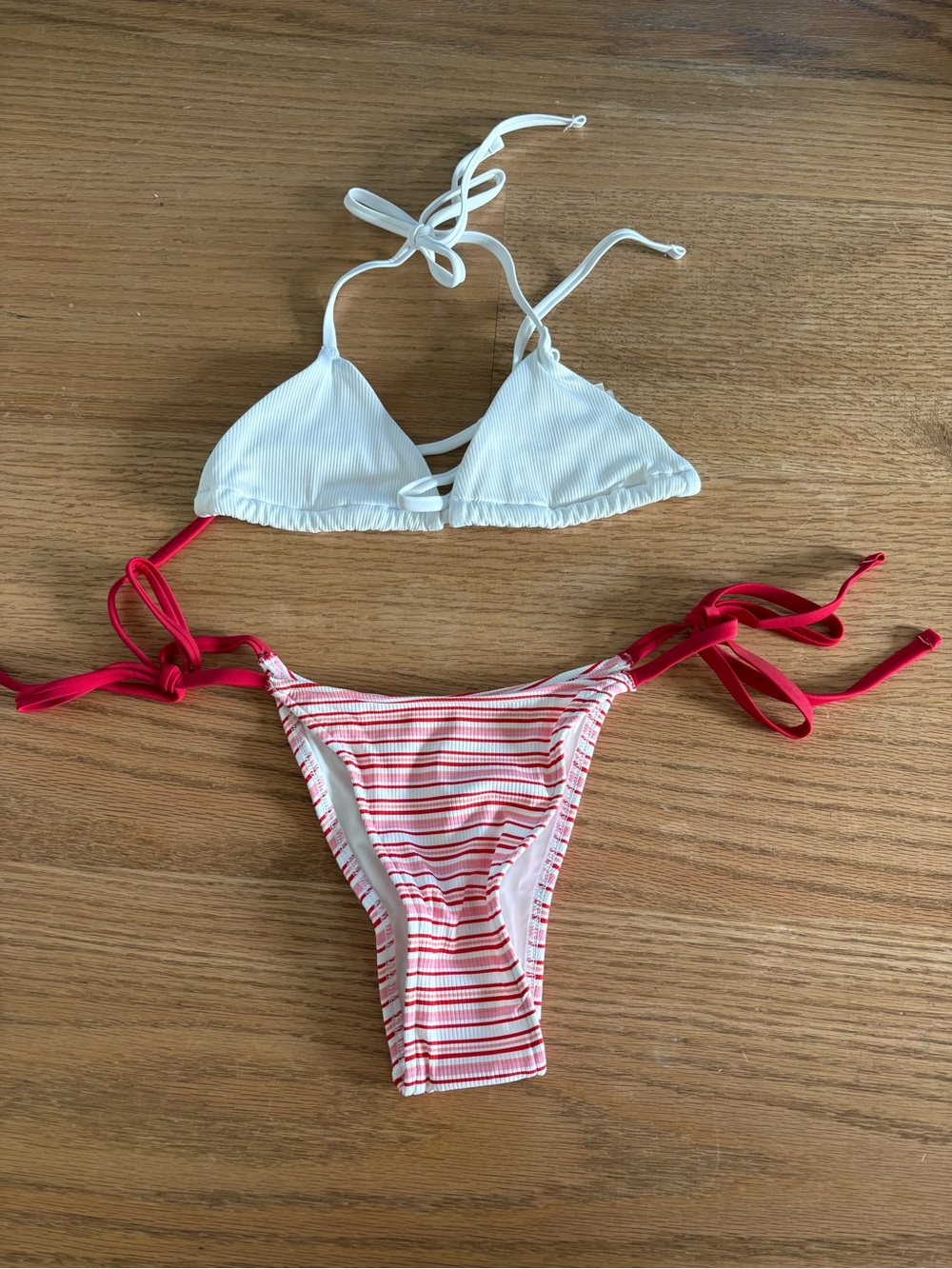 White Triangle Bikini Top and Red-Striped Tie-Side Bottom